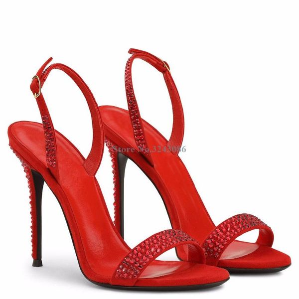 

red black suede crystal sandals single strap bling rhinestone stiletto heel back thin high
