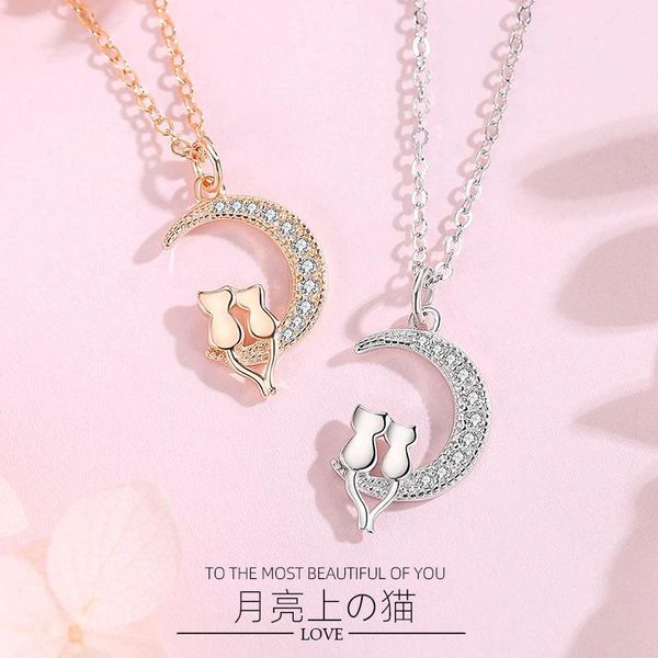 

pendant necklaces cute animal cat moon necklace charm lovers chain kitten lucky jewelry for women gift, Silver