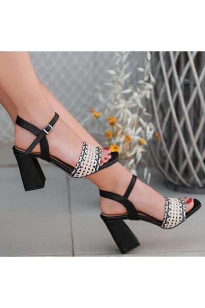 

sandals women's black skin braided heels shoes