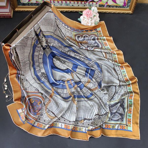 

scarves high-end elegant women exquisite miao nationality pleated skirt printed quality plain satin silk large square scarf shawl, Blue;gray