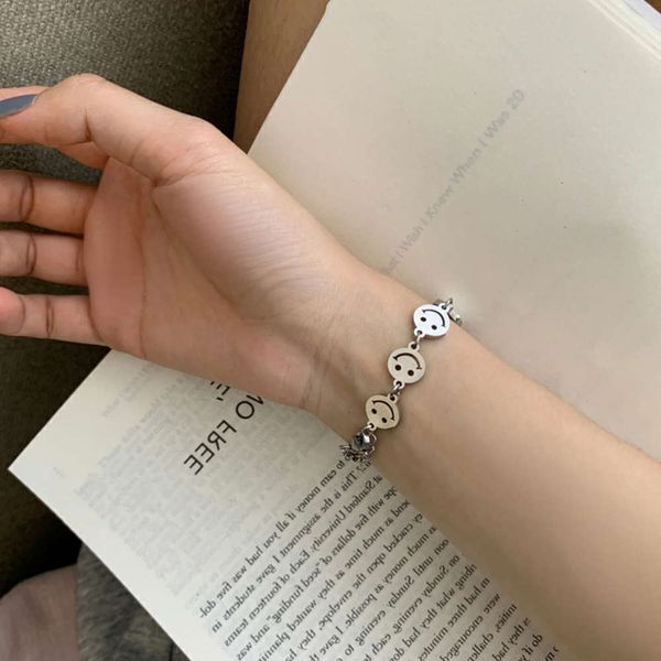 

niche design hip hop street fashion personality titanium steel smile double simple bracelet, Golden;silver