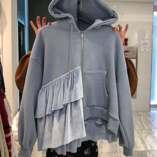 

women's hoodies & sweatshirts women autumn loose sweatshirt harajuku stitching velvet lovely ruffle hooded pullover female fashion outf, Black