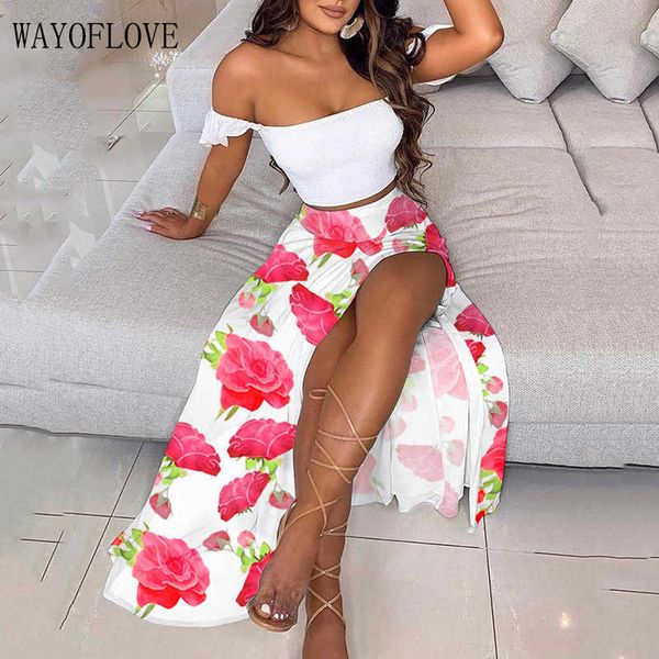 

wayoflove women floral print long dress sets off shoulder and split skirt suit elegant party summer two piece set 210602, White