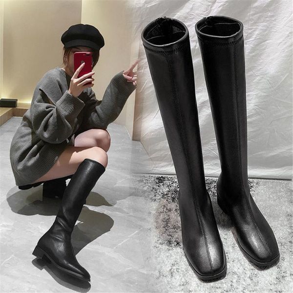 

boots 2021 autumn winter fashion women knee high long booties black low heels knight soft leather square toe party shoes 35-40