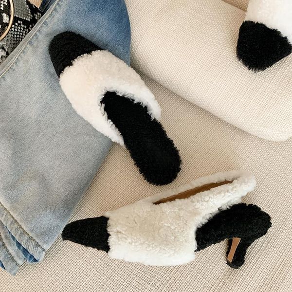 

fashion woollen shoes women 2021 winter lamb flat slippers with high heel cute and comfortable size 34-40, Black