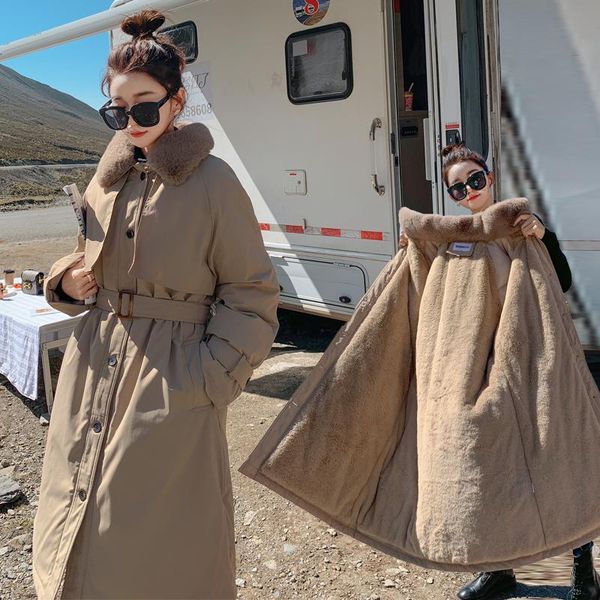 

women's trench coats 2021 winter cotton clothes middle long knee over korean loose jacket tooling plush windbreaker, Tan;black
