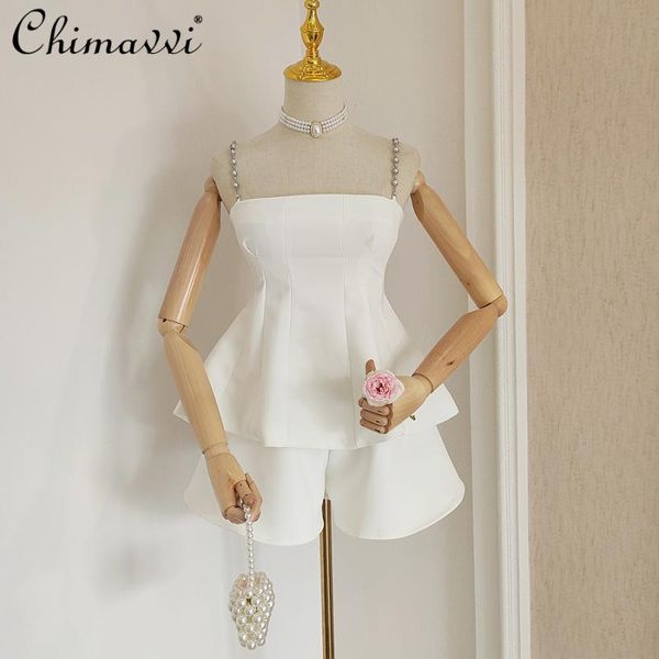 

women's tracksuits french slim fit pearl suspender tube ruffle high waist slimming skirt shorts 2021 summer fashion elegant two-piec, Gray