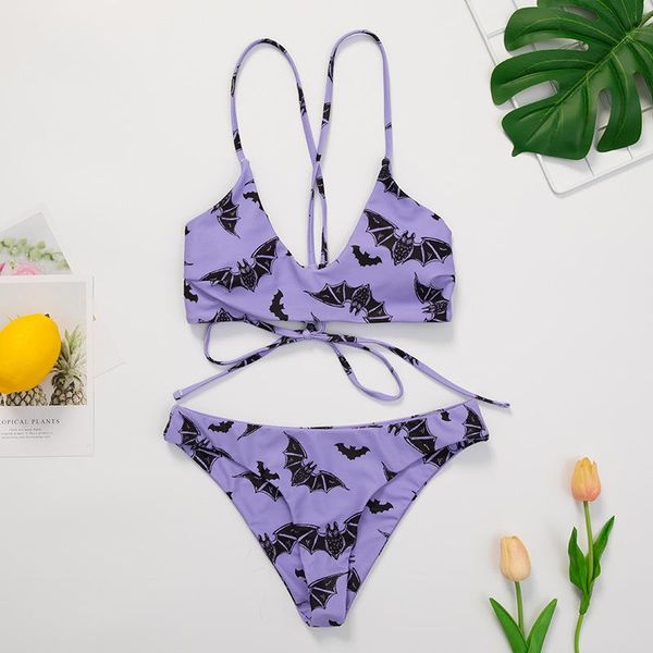 

one-piece suits 2 pieces swimwear set, female bat print v-neck spaghetti strap short vest+ bikini panties for adults, s/m/l