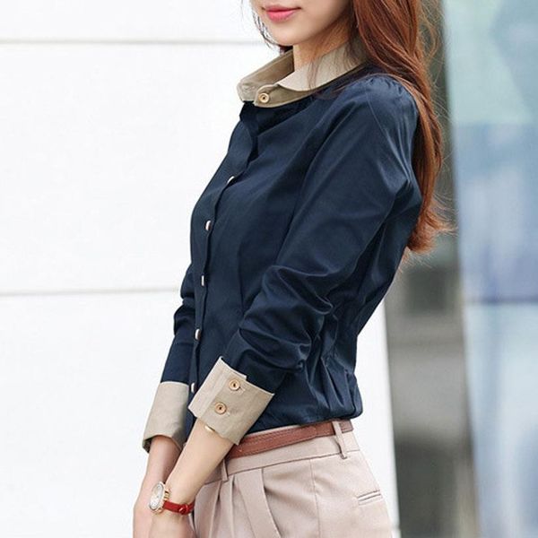 

korean womens blouses women shirts office lady slim plus size chiffon casual lapel long sleeve patchwork spring blouse 5xl, White