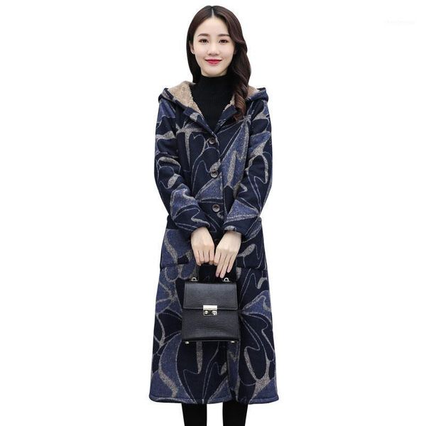 

women's wool & blends elegant lady winter overcoat retro literary folk style long printed woolen coat plush thick warm hooded women, Black