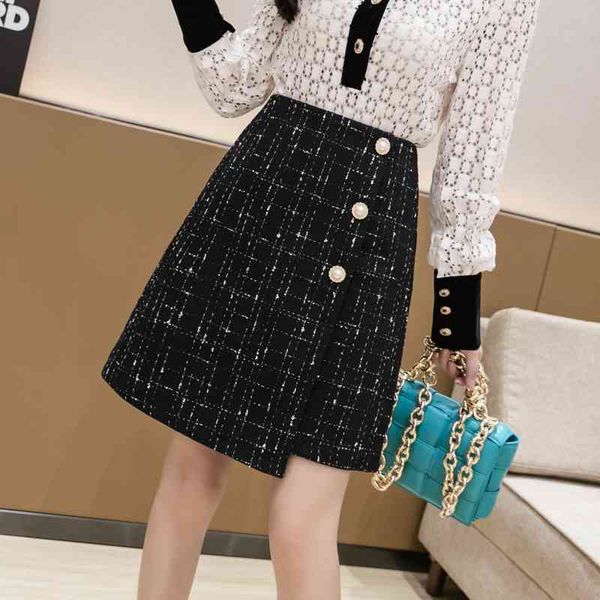 

pearls buttons plaid tweed skirts women high waist pencil black wool mini skirt autumn winter vintage office plus size x585