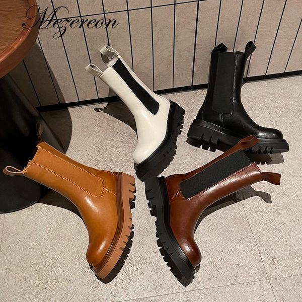 

boots drop 2021 designer fashion women genuine leather ankle platform shoes woman round toe autumn elastic band f, Black