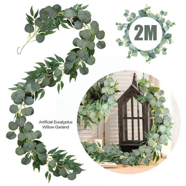 

decorative flowers & wreaths 2m artificial green eucalyptus garland leaves vine fake vines rattan plants for wedding party backdrop arch hom
