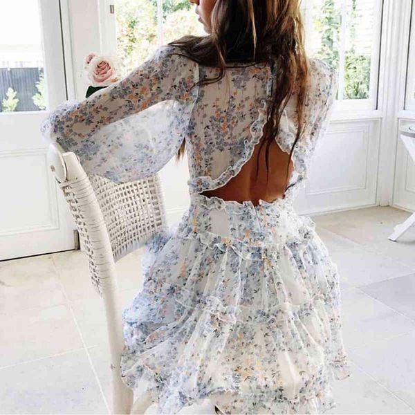 

jastie ruffled chiffon bohemian holiday dress summer v-neck long sleeve women dresses backless party dress vestidos 210419, White