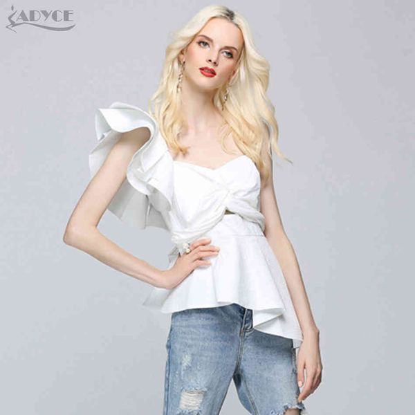 Mode Sommer Runway Tops Sexy Weiße Frauen Eine Schulter Rüschen Trägerlosen Kurzen Nachtclub tragen Crop Top 210423