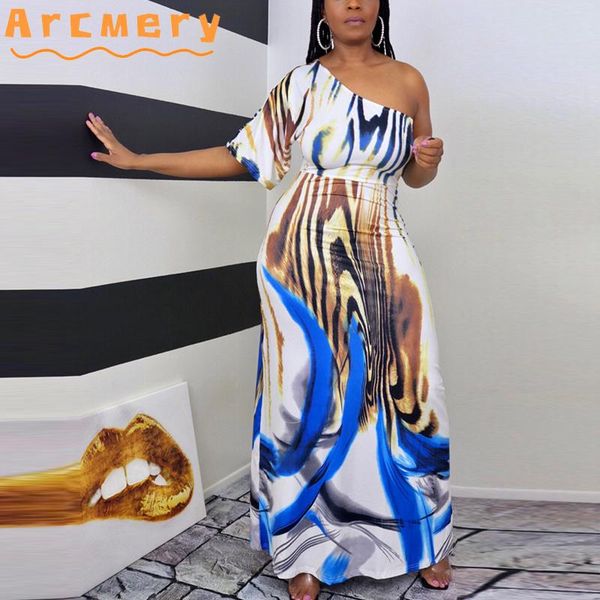 

casual dresses women one shoulder half sleeve printed maxi dress, Black;gray