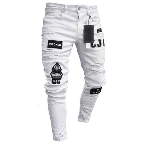 

men's jeans 3 styles men stretchy ripped skinny biker embroidery print destroyed hole taped slim fit denim scratched jean ysgp, Blue