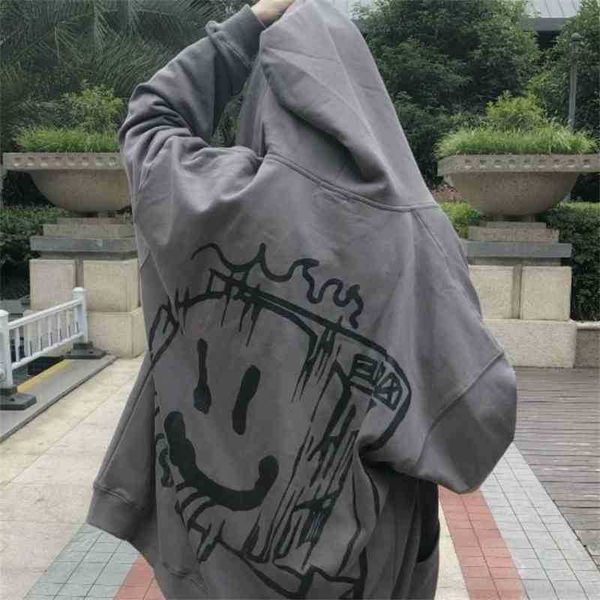 

Fashion brand demon smiley face graffiti coat female couple high street hip hop cardigan hooded sweater fashion, White