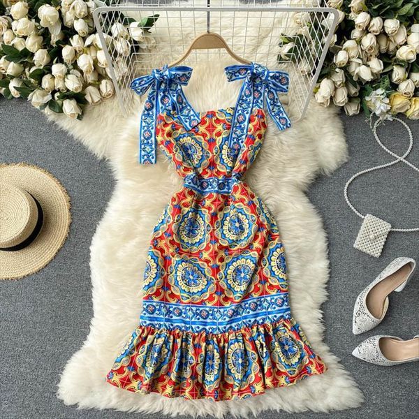 

summer clothes runway fashion women dresses print vintage tie strap ruffle elegant bodycon midi, Black;gray
