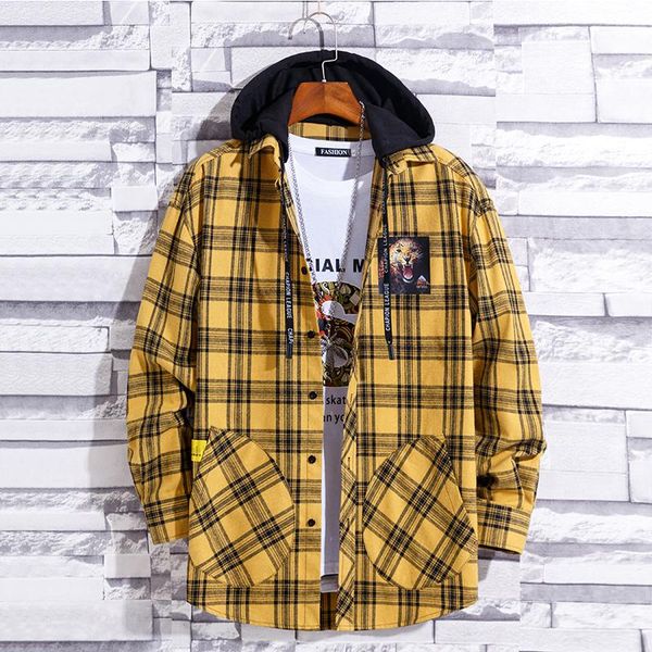 

men's casual shirts men brand shirt hooded clothing plus size 100kg long sleeve for spring yellow plaids young teenager fashion a071915, White;black