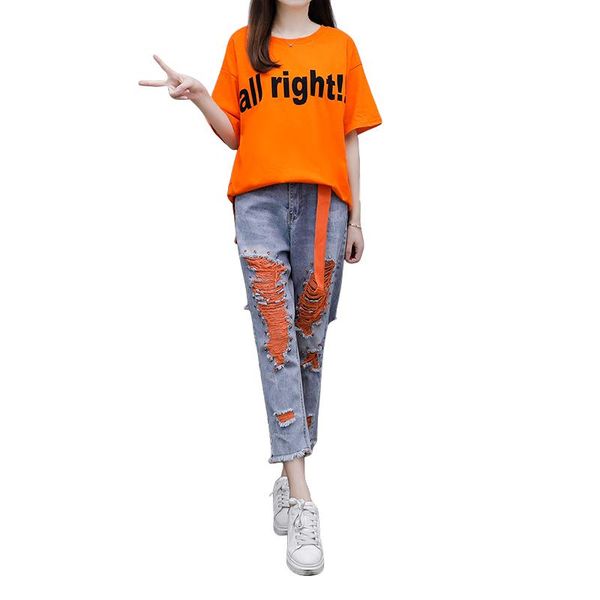 

two piece dress women spring summer cotton casual two-piece fashion letter print t-shirt + hole denim pant 2piece set female plus size suit, White