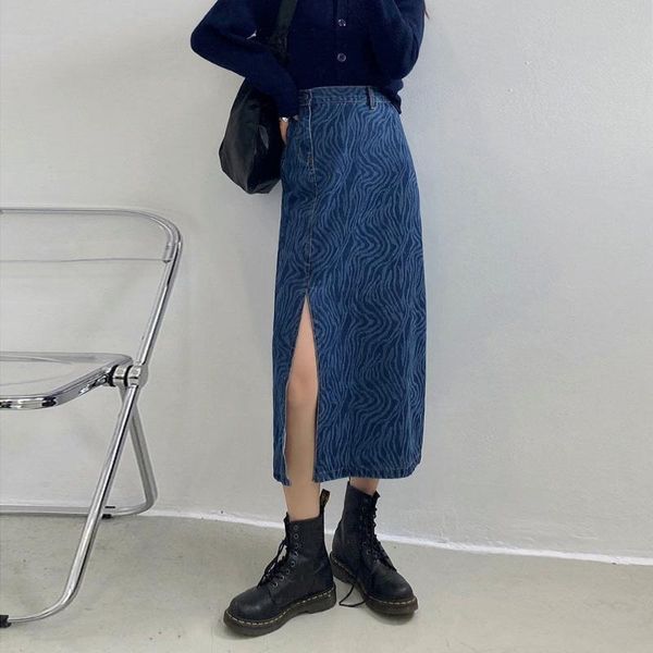 

skirts zcsmll leopard pattern split denim mid-length skirt female spring design sense, high waist, thin, hip, a-line, Black