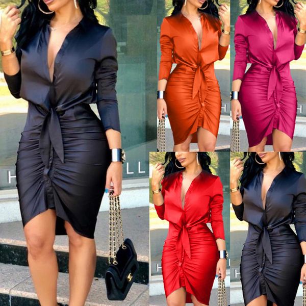 

women lace-up solid color long sleeve shirt dress elegant fashion party casual dresses, Black;gray