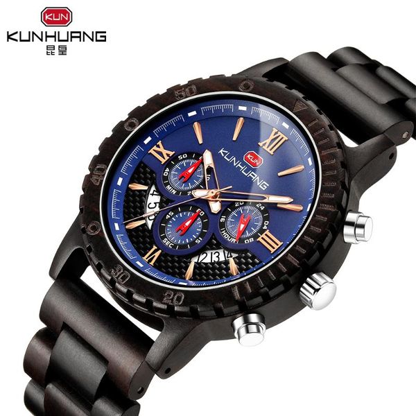 

wristwatches ebony relogio masculino kunhuang wooden watch men stylish chronograph military watches clock hombre b3580, Slivery;brown
