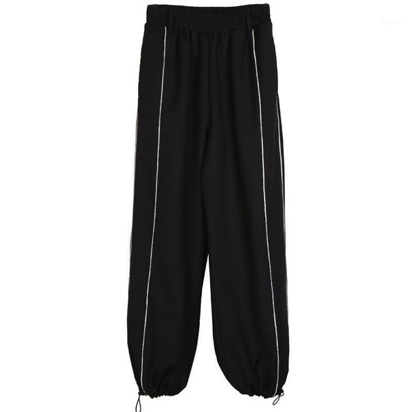 

women pants capris diamond drawstring sport black vintage long baggy 2021 fashion trousers women's &, Black;white