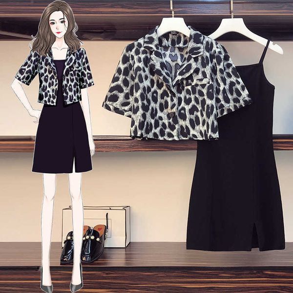 

2021 summer fashion women's suit leopard print short sleeve shirt suspender skirt two piece set, Black;gray