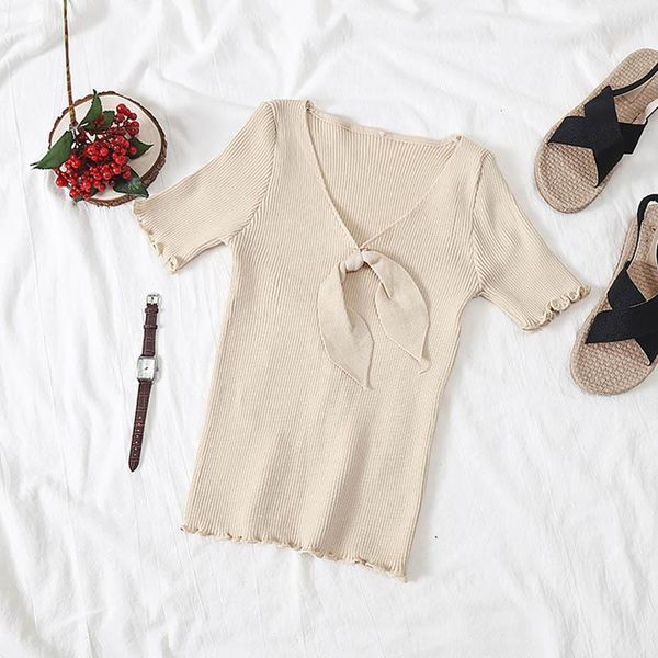 

women shirts knitting blouse womens v neck bow knot for half sleeve solid pullover summer female, White