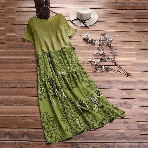 

dresses women's loose casual large round neck short sleeve national style printed two-piece long skirt, Black;gray