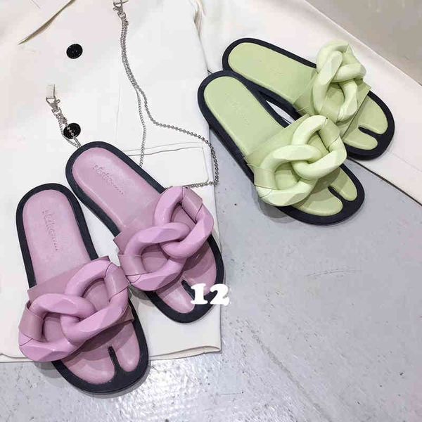 

fashion women slippers open toe slides metal chain black/green/white/purple summer flats heeled beach shoes comfortable slides 210513