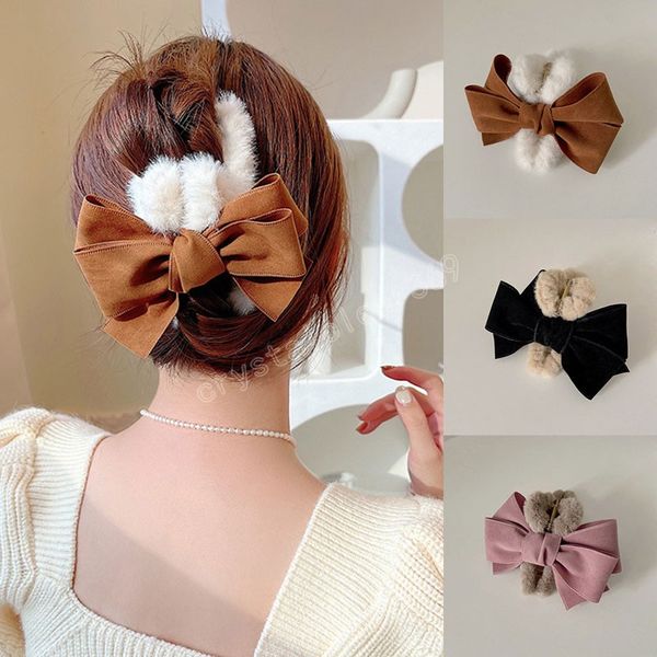 

women stylish big bowknot plush hair claws fashion autumn winter decorative hair clips cute sweet bow barrettes hair accessories, Slivery;white