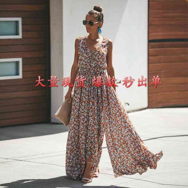 

2021 new women's bohemian v-neck digital print lace up beach women's dress, Black;gray