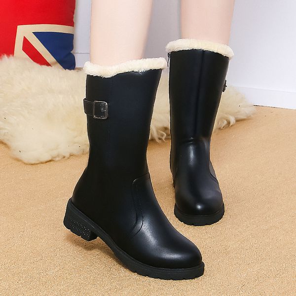 

boot fivela belts women's leather boots solid color mid-calf snow rain ladies shoes keep warm winter botines mujer tyh6 agm8, Black
