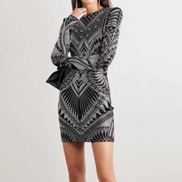 

est fashion runway dress women's long sleeve glitter luxurious strass beading knitting 210526, Black;gray