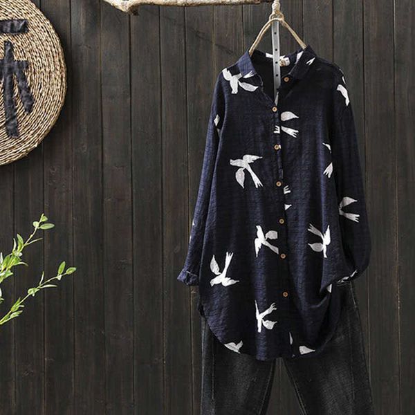 

f&je arrival spring women shirt plus size long sleeve loose casual blouse ladies vintage print long blouses big d11 210608, White