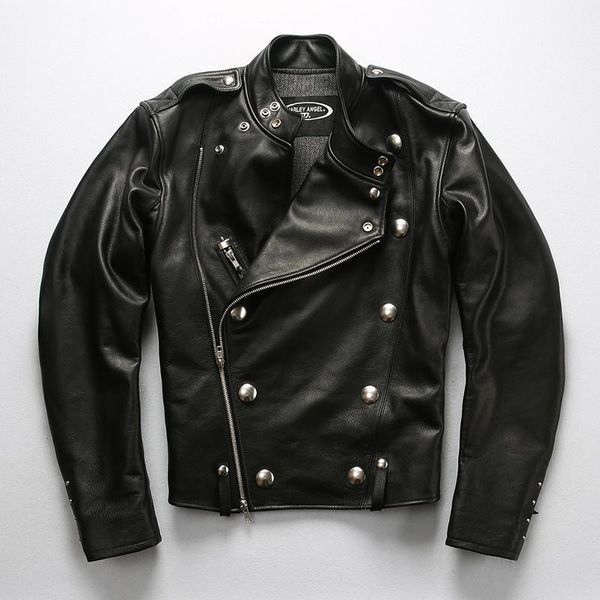 

men's leather & faux fast 2021 male brand genuine thick jacket autumn winter rivet oblique zipper motorcycle biker, Black