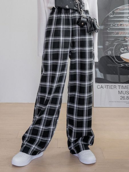 

dazy plaid pattern wide leg pants v8tw#, Black;white