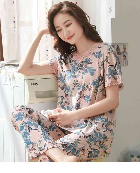 

women's sleepwear women modal pajamas set print floral pyjamas suit 2 pcs sleepwear summer short sleeve loose home clothes plus size, Black;red