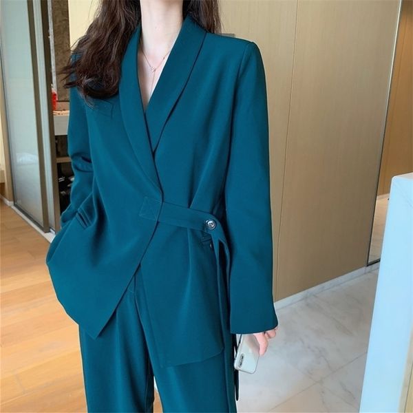 

spring autumn professional and pants french retro female korean two-piece suit polyester turn-down collar 210416, Black;gray