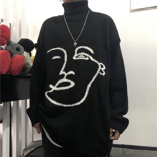 

women's sweaters korean harajuku character pattern embroidery sweater vintage bf knitted turtleneck pullovers long sleeve streetwear ju, White;black