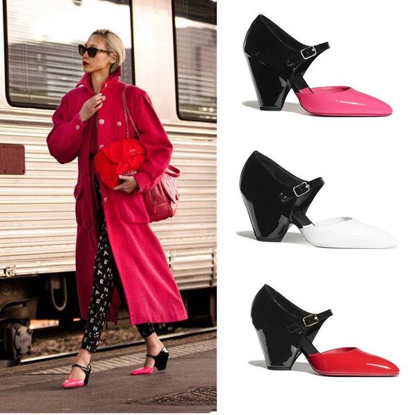 

fashion buckle pumps women mixed colors patent leather high heels pointed toe shoes femmes chaussures dress, Black