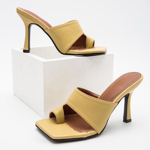 

woman leather high thin heels slippers summer shoes flip flops open-toes sapato feminino, Black