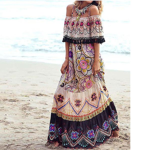 

a line summer women es vintage print long slash neck vestidos bohemian strapless beach loose tassel elegant rode, Black;gray
