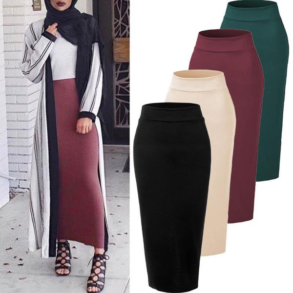 

skirts wepbel women skirt high waist pencil solid color female muslim clothing ramadan fashion, Black