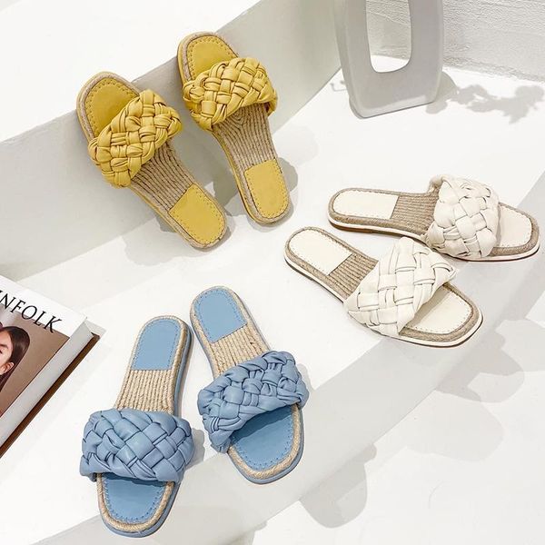 

slippers woven espadrilles women flat shoes square toe female summer casual slides slip on beach flip flops 2021 brand, Black