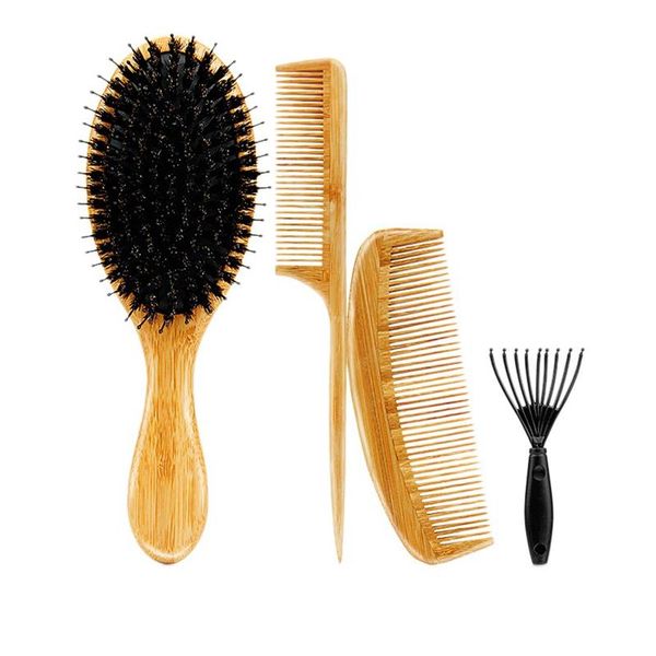 

hair brushes 4pcs massage comb brush natural bamboo handle boar bristles healthy paddle scalp hairbrush anti static, Silver