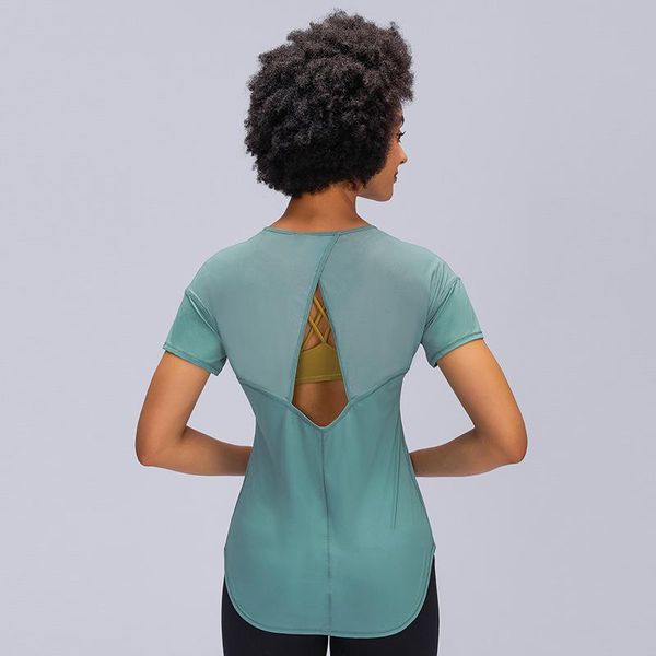 

elastic tight-fitting round neck t-shirt women's running training fitness yoga breathable hollow back sports quick-drying outfits, White;red
